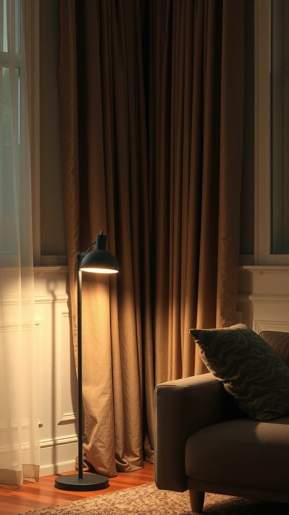 A cozy living room corner featuring a stylish floor lamp beside a sofa and draped curtains.