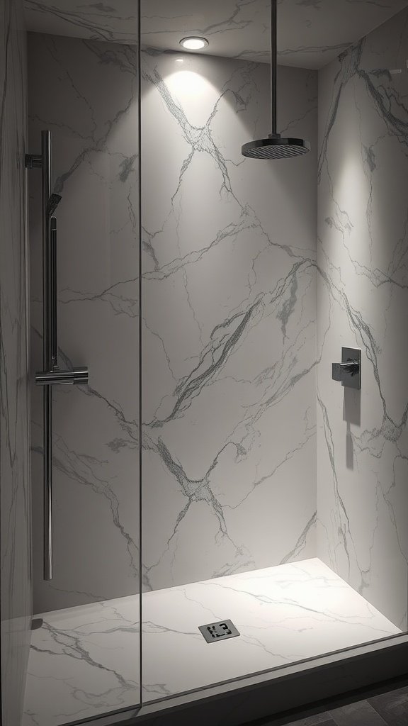 A modern shower with marble walls and layered lighting