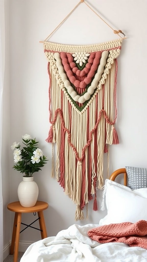 Layered macramé wall hanging with multi-tone yarn in earthy tones and greens.
