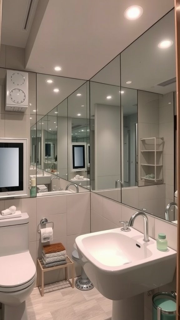 A modern small bathroom with layered mirrors reflecting light and creating a spacious feel.