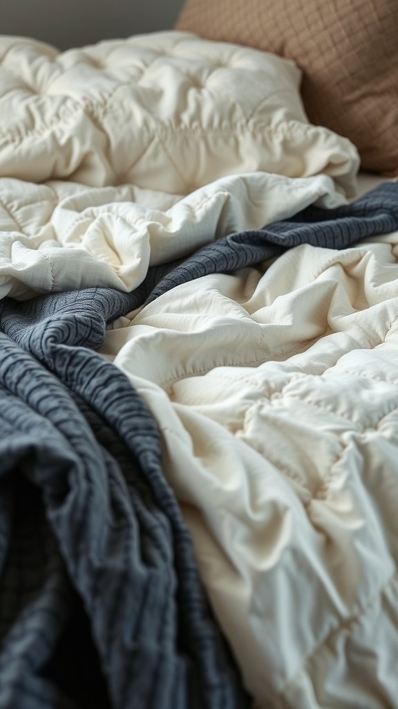 Layered bedding with cream and dark blue textures.