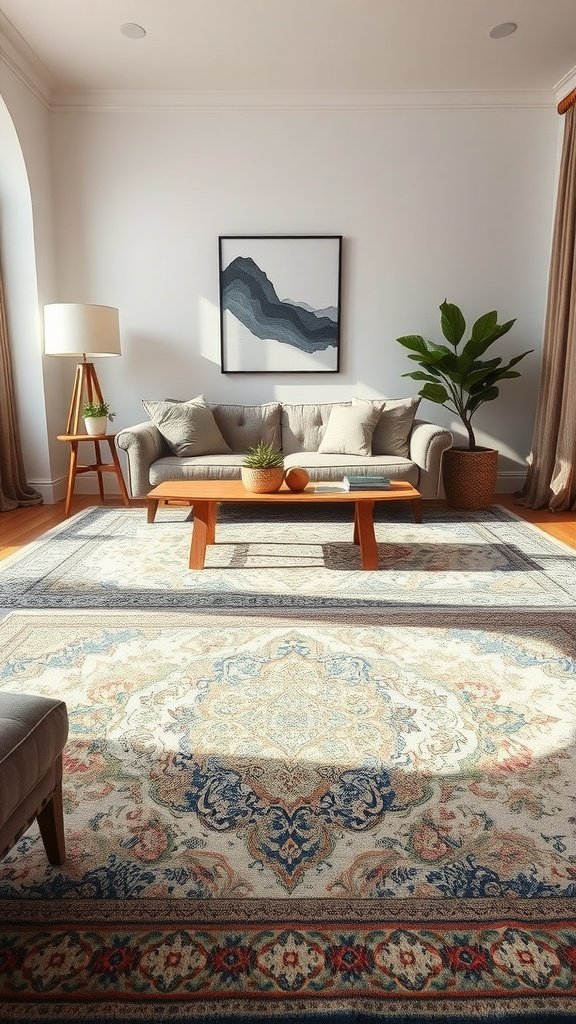 A modern farmhouse living room featuring layered rugs, a comfortable sofa, and a stylish coffee table.