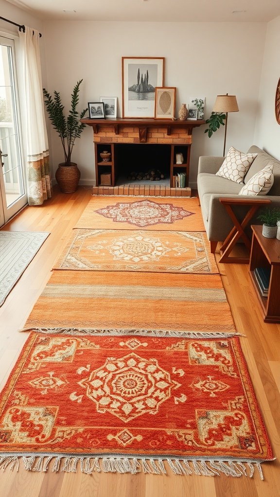 A cozy living room featuring layered terracotta rugs in various shades and patterns.