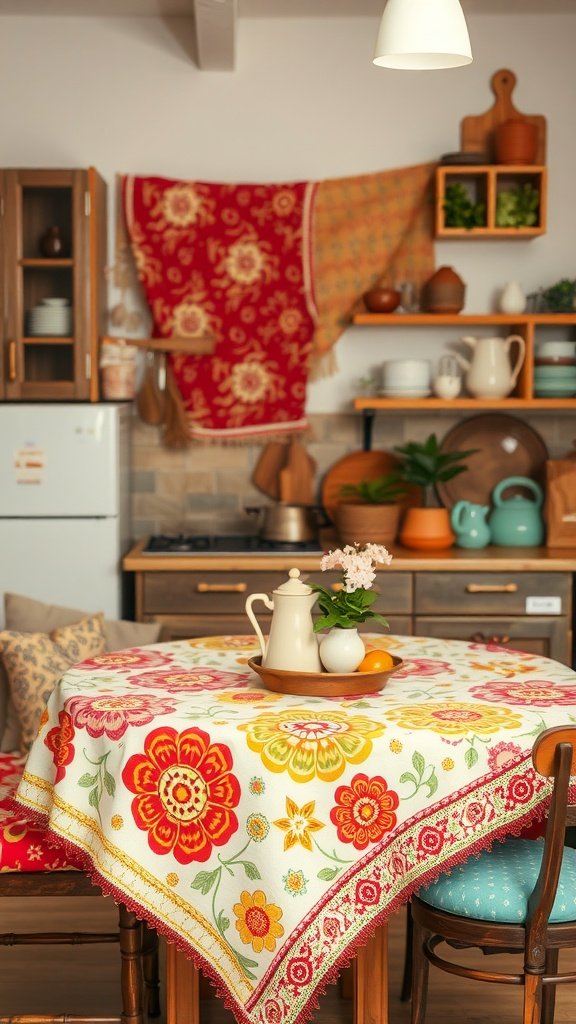 A boho kitchen with a floral tablecloth, colorful accents, and layered textiles.