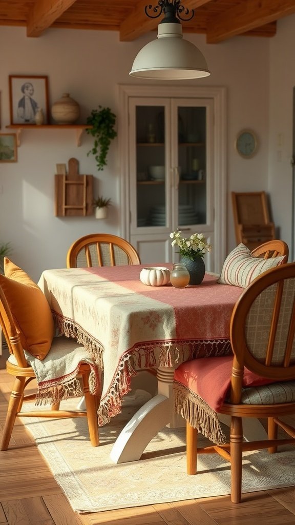 A cozy kitchen with a wooden table, layered textiles, and warm lighting.