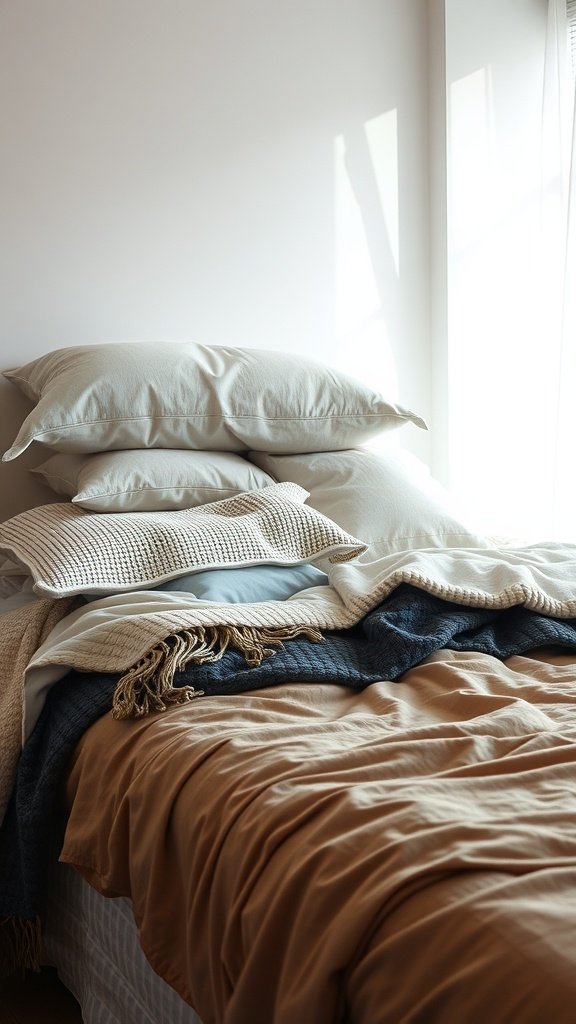 A bed with layered blankets and pillows in soft colors, creating a cozy atmosphere.