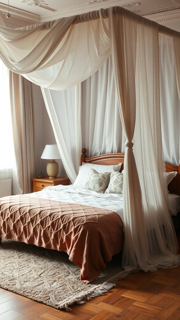 Cozy bedroom with a layered canopy bed featuring sheer drapes and a textured blanket.