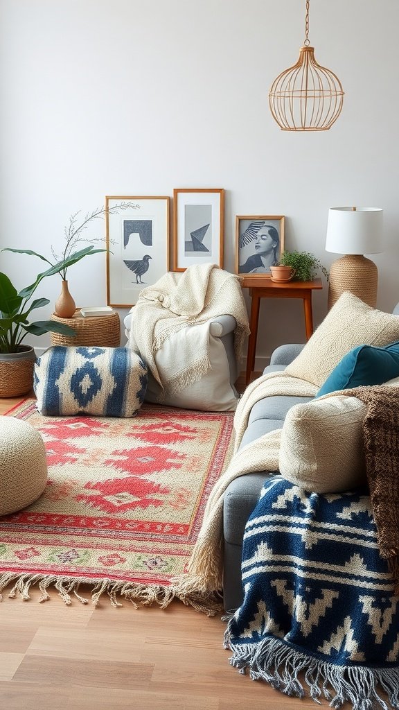 Cozy living room with layered textures like blankets, pillows, and a colorful rug.