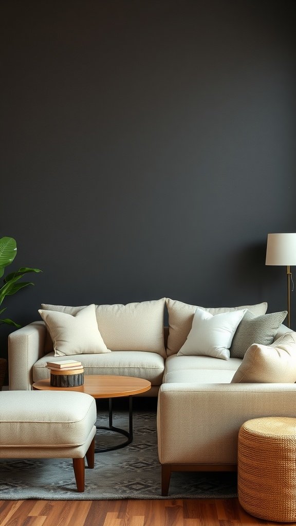 A cozy living room with a light-colored sofa, dark walls, and textured decor.