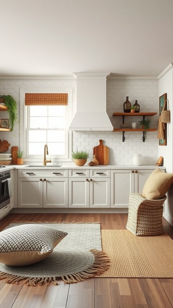 A stylish kitchen featuring layered textures with woven rugs, plush cushions, and smooth cabinetry.