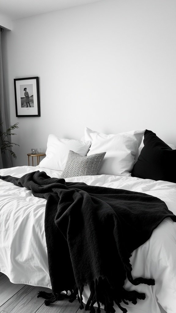 A cozy black and white bedroom with layered textures including a black throw, white sheets, and patterned cushions.
