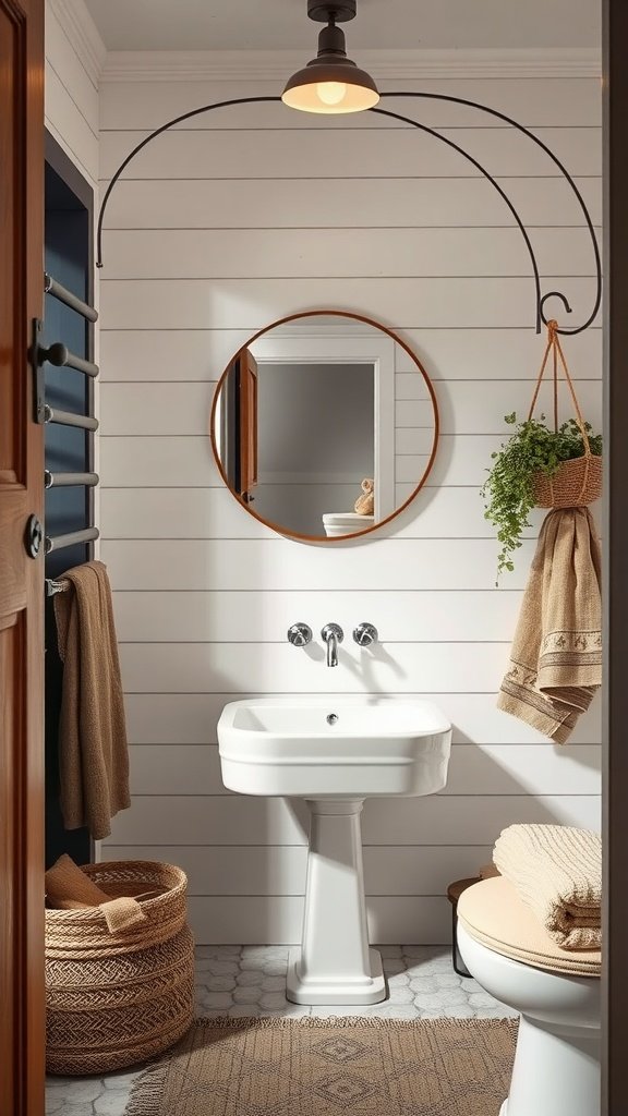 A small bathroom featuring shiplap walls, a pedestal sink, and warm textiles, creating a cozy and charming atmosphere.