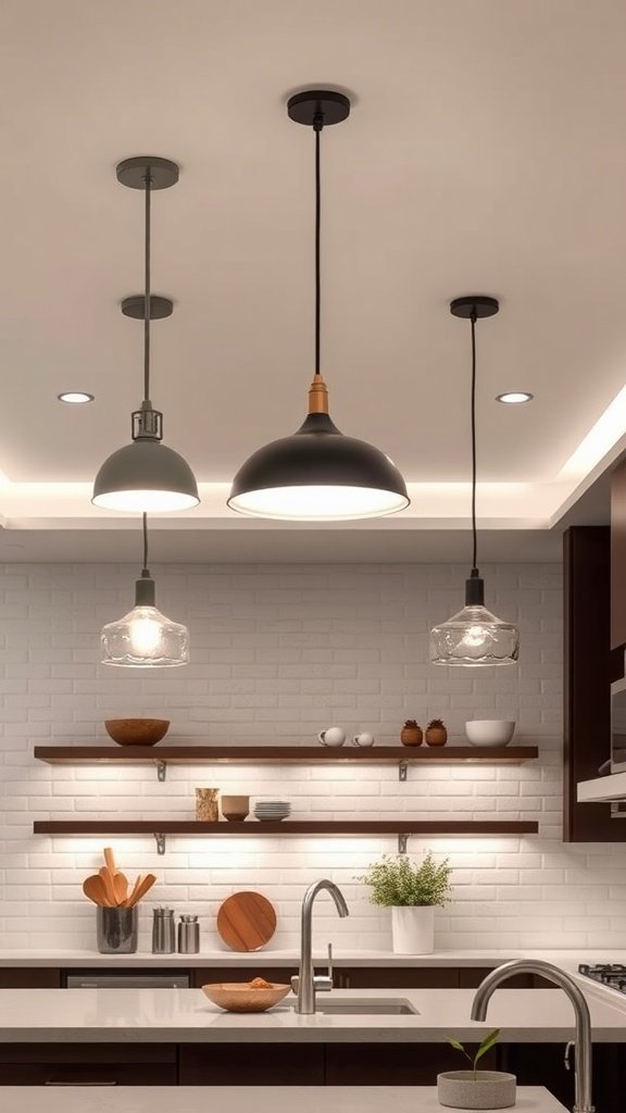 Modern kitchen lighting with pendant lights and under-cabinet lights.