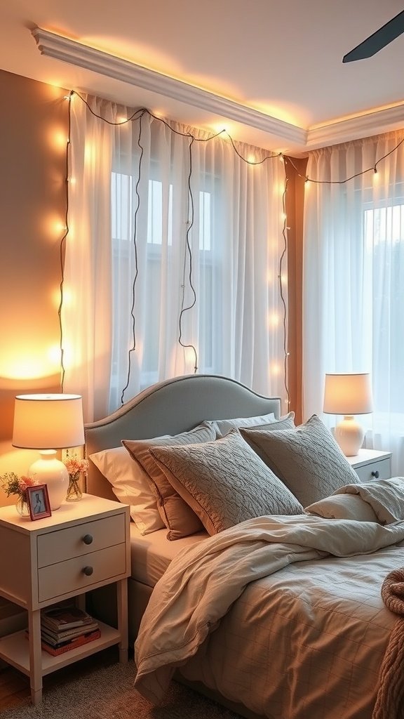 A cozy bedroom with warm lighting from bedside lamps and fairy lights.