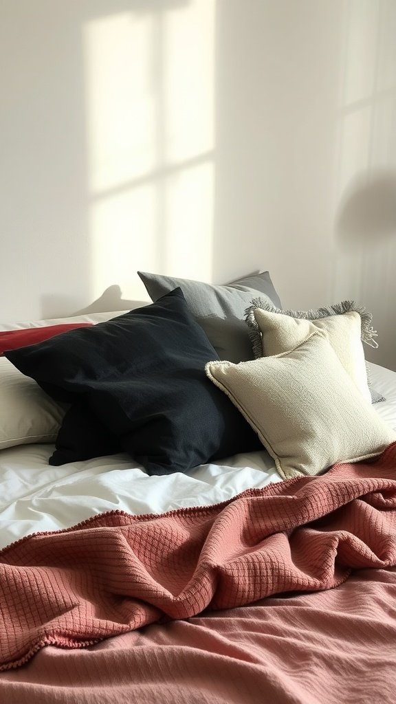 A cozy bed with layered pillows and a soft blanket.