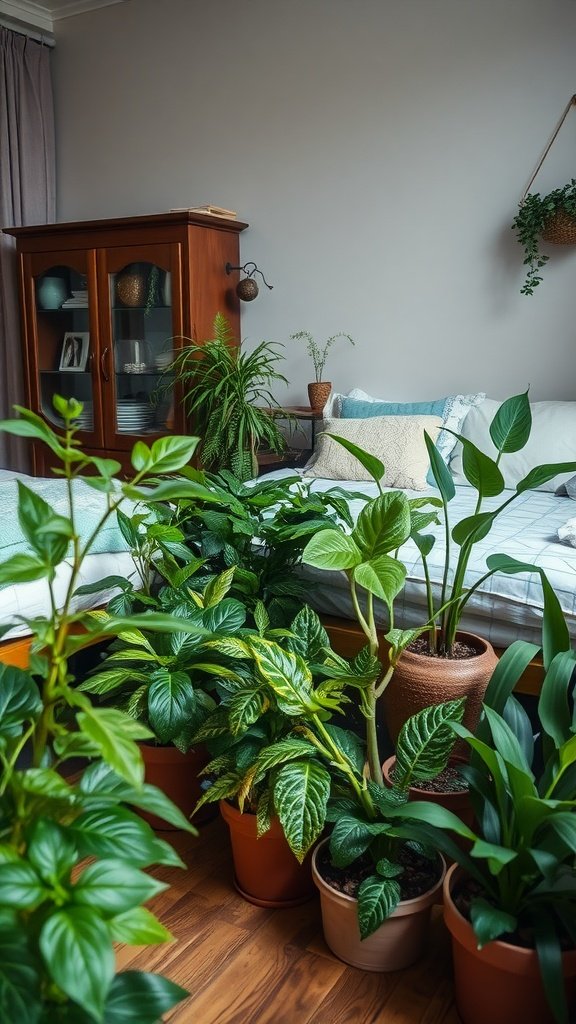 A cozy bedroom filled with various plants, showcasing different heights and textures.
