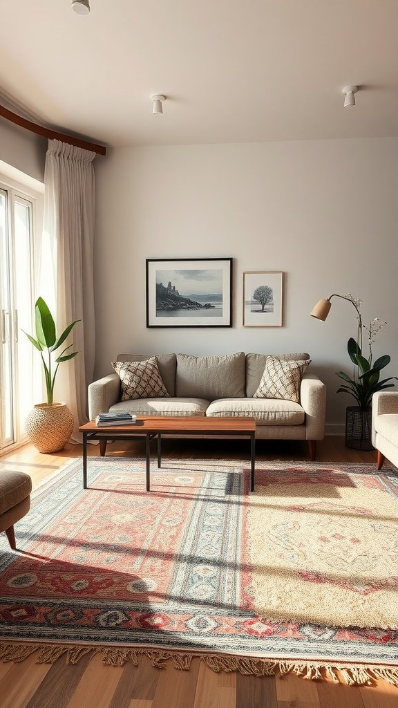 A living room with layered rugs, showcasing a patterned rug on top of a natural fiber rug, with stylish furniture and decor.