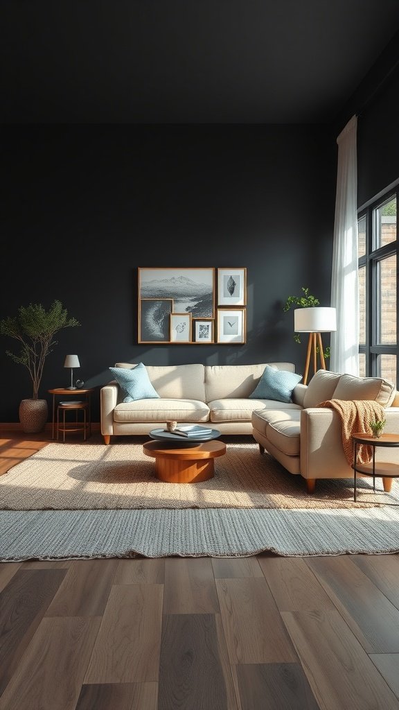 A cozy living room with light furniture and layered rugs on dark wooden flooring.