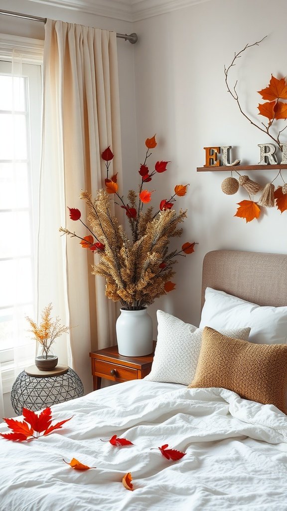 Cozy bedroom with autumn decor, featuring leaves and textured pillows.