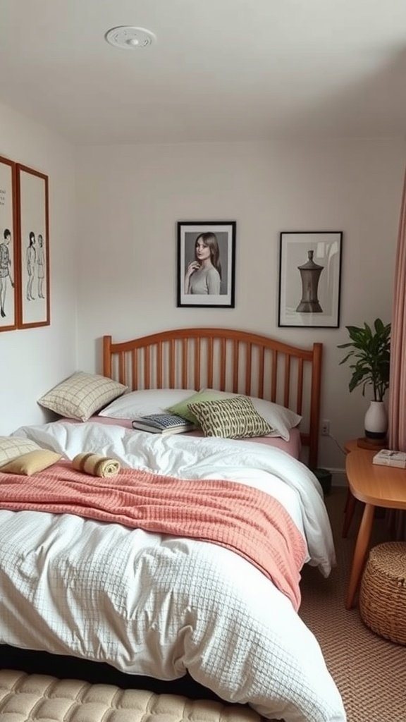 A small bedroom with a wooden bed, layered bedding, and decorative pillows.