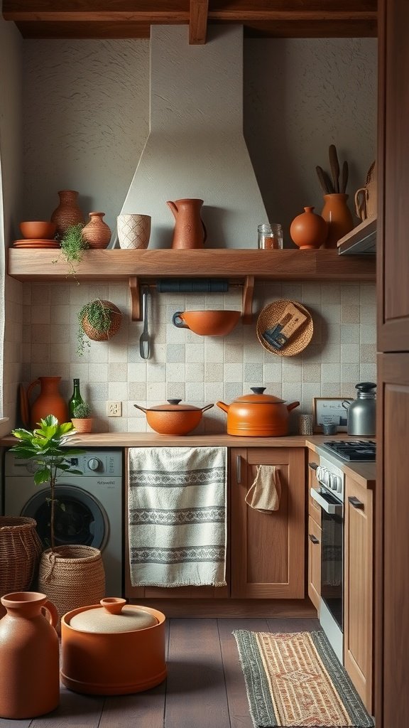A cozy kitchen featuring terracotta pots, a wooden countertop, and woven textures.