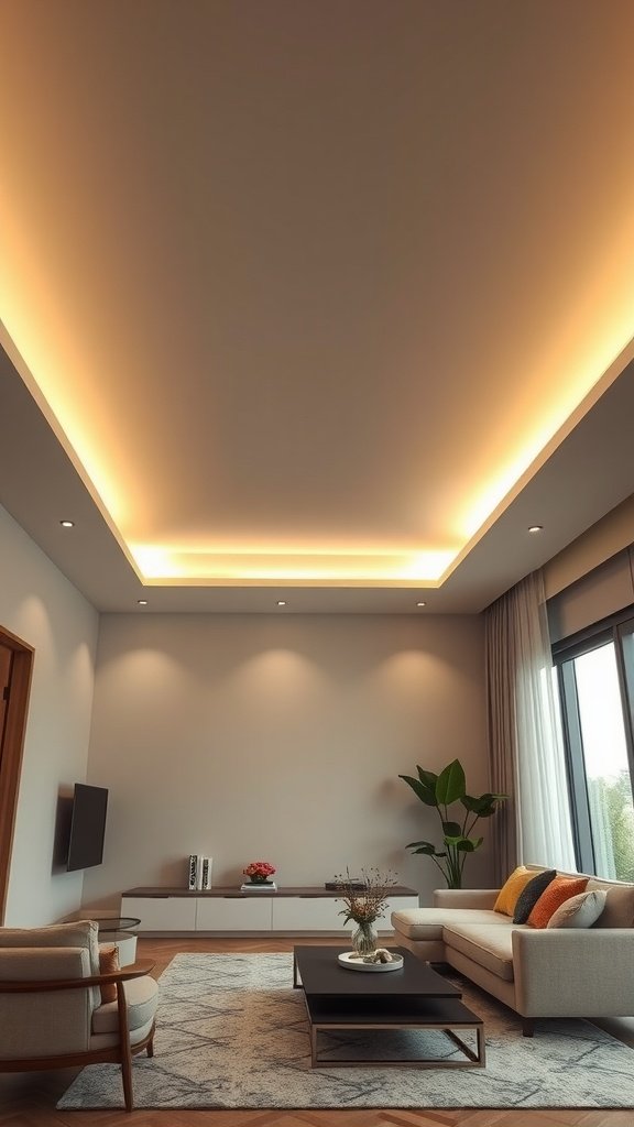 A modern living room featuring LED strip lighting in the ceiling, providing a warm glow.