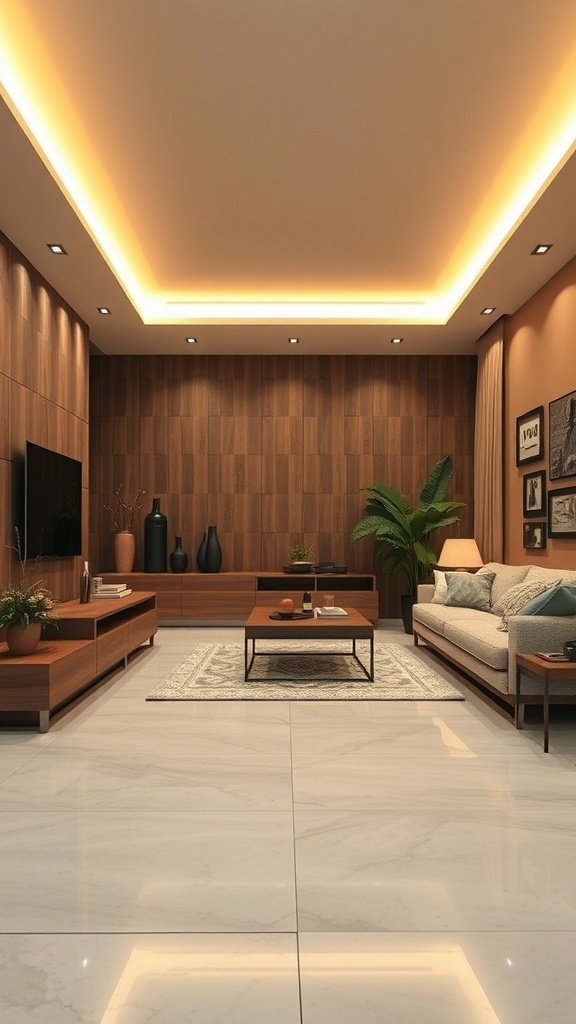 Living room with LED strip lighting along the ceiling and wooden walls.