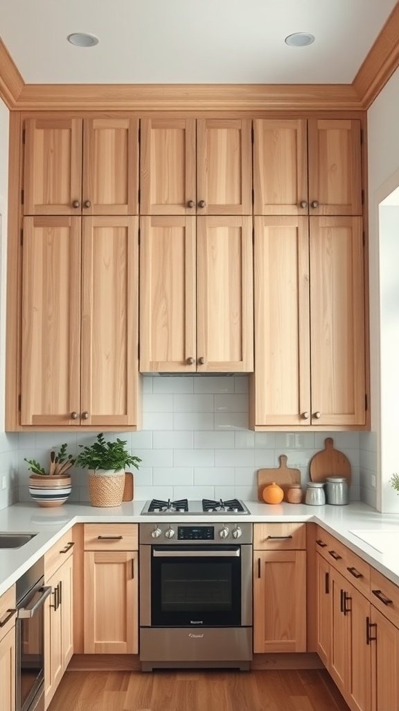 A stylish kitchen featuring tall wooden cabinets above a stove and counter area, showcasing a modern design.