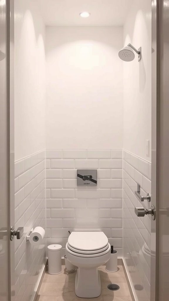 A narrow bathroom with light-colored walls and modern fixtures.