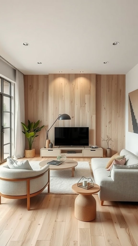 Light ash and birch living room with natural wood accents and a cozy atmosphere.