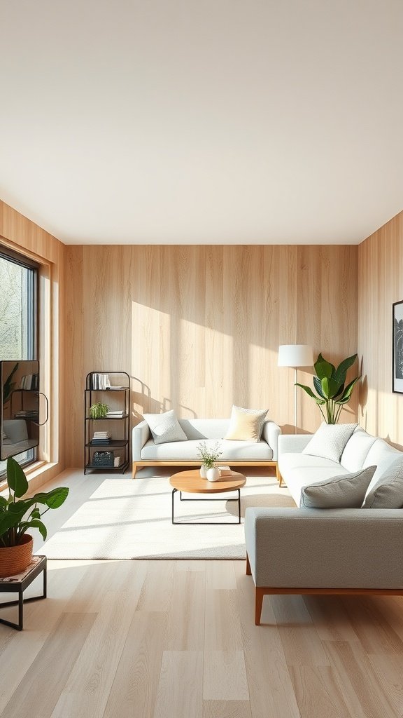 A cozy living room featuring light ash finishes on the walls and furniture.