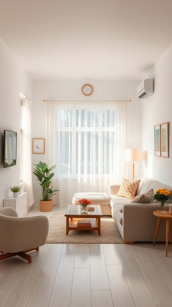 Minimalist living room with light color flooring and bright decor.