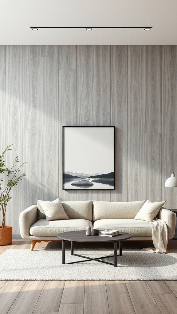 Modern living room with light grey wood paneling accent wall, neutral furniture, and art decoration.