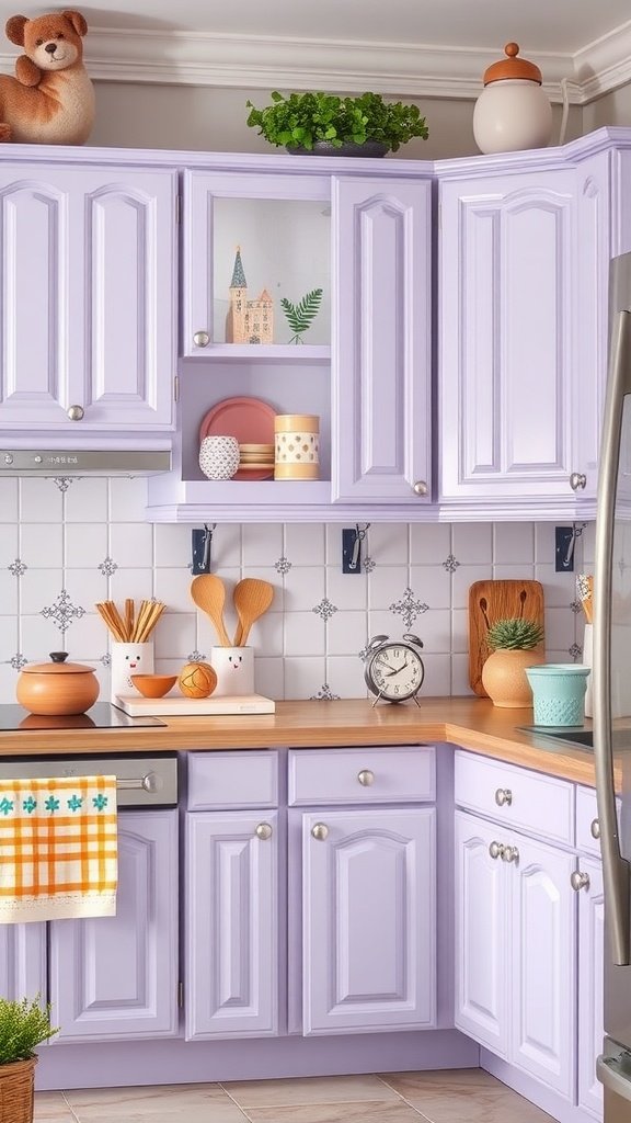 A modern kitchen featuring light lavender cabinets with decorative items and wooden accents.