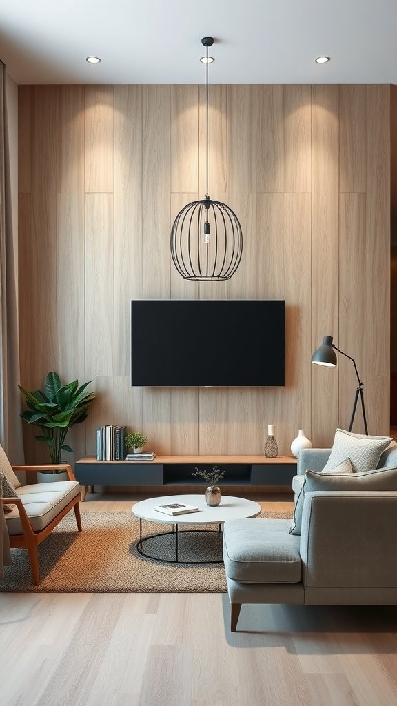 A modern living room with a light oak wood accent wall, featuring stylish furniture and decor elements.