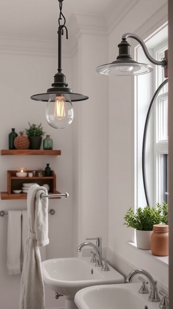A bathroom featuring pendant and wall-mounted lights, enhancing a farmhouse style.