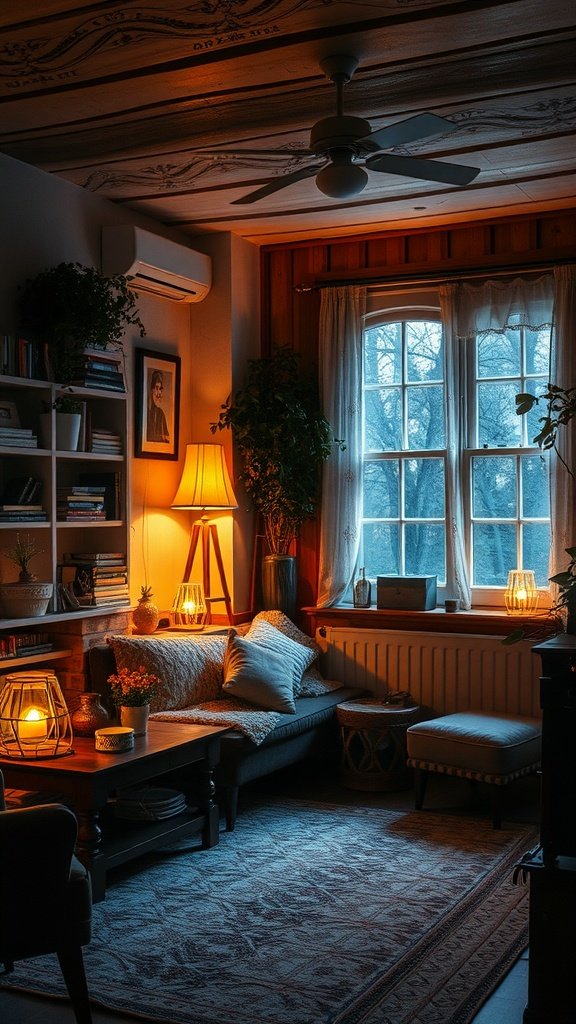 Cozy living room with warm lighting and various patterns.