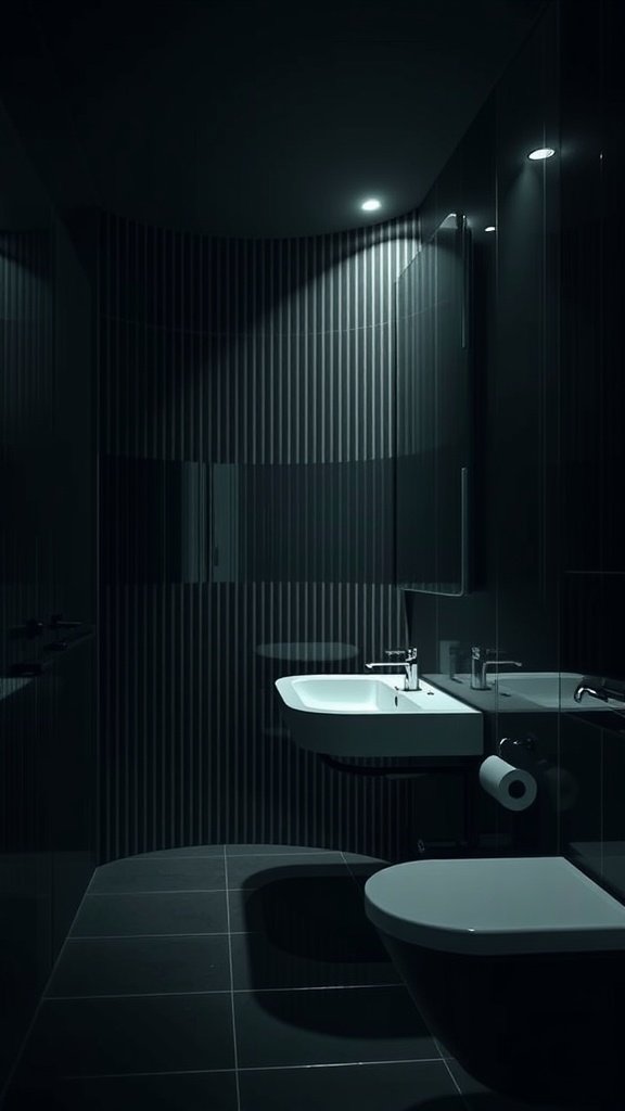 A modern dark bathroom with asymmetric stripes, beautifully lit