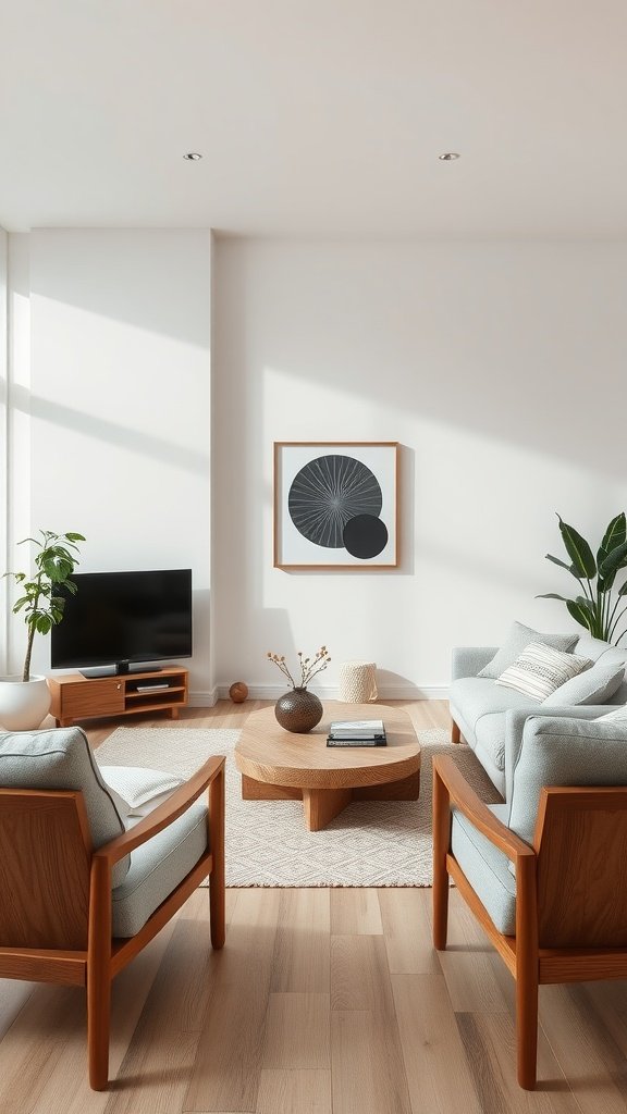 A modern living room featuring lightly stained ash wood furniture and decor.