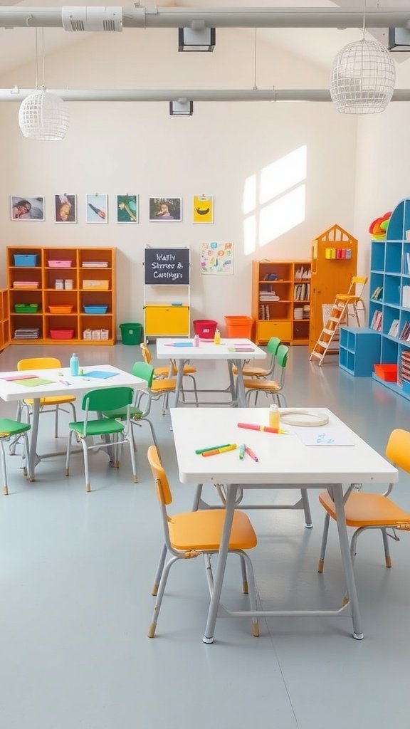 A bright, playful room with lightweight folding tables, colorful chairs, and storage shelves filled with supplies.