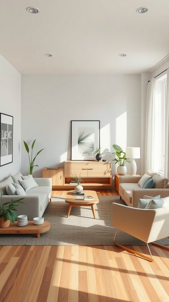 A minimalist small living room with lightweight furniture, featuring two sofas, a coffee table, and plants in a bright setting.