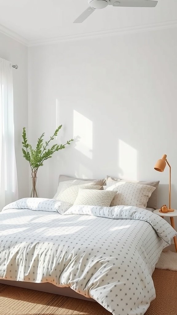 A bedroom with a bed, simple bedding, and a lamp, showcasing a light and airy aesthetic.