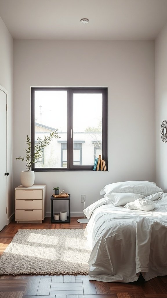 A small bedroom layout with minimal accessories, featuring a bed, nightstand, plant, and natural light.