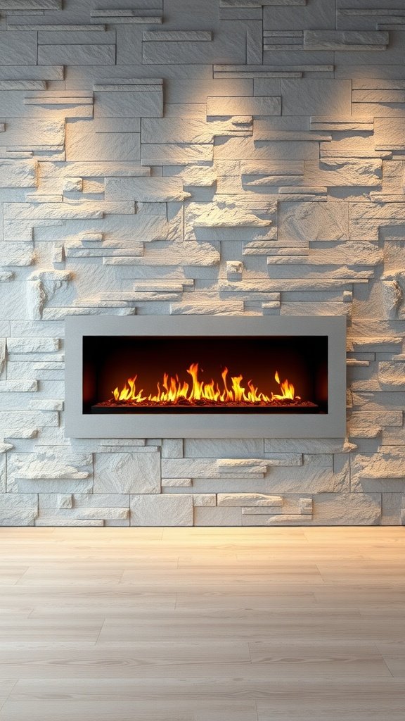 A modern linear gas fireplace set against a textured stone wall.