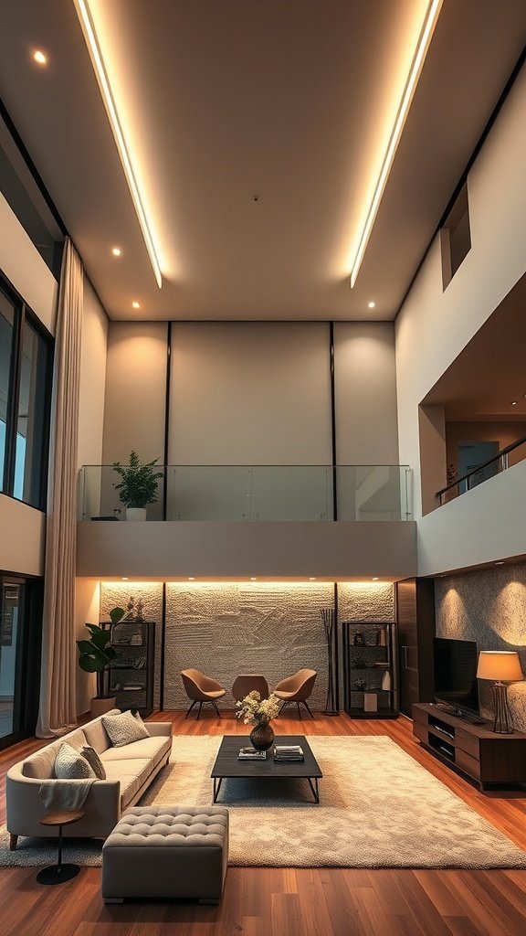 A modern double-height living room featuring linear LED fixtures in the ceiling.