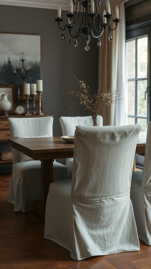 White linen slipcovers on chairs in a softly lit room