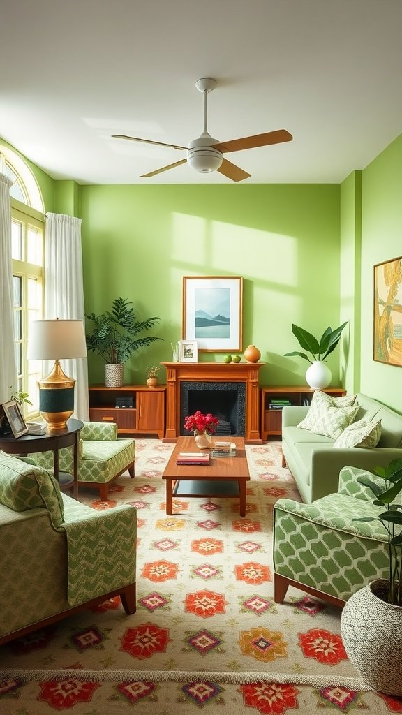 A lively apple green living room with stylish furniture and decor.