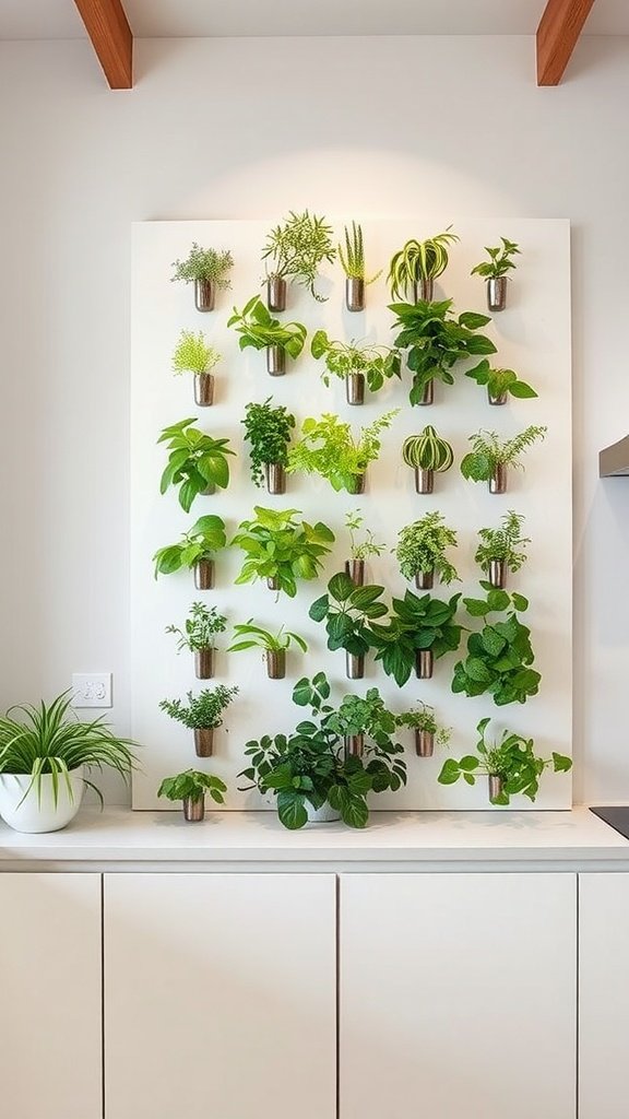 A living green wall featuring various plants in a kitchen, enhancing the earthy aesthetic.