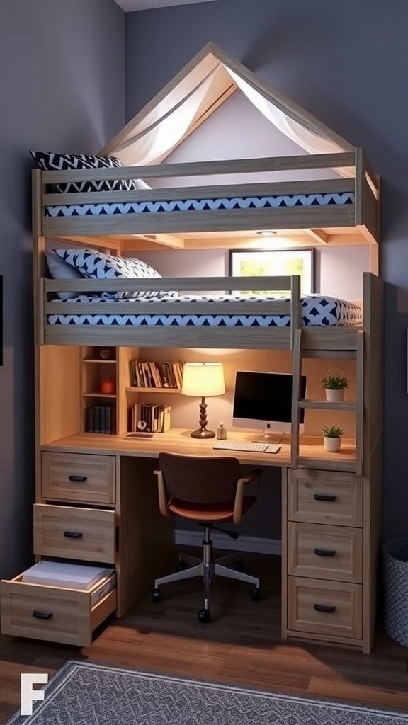 A lofted bed with a workspace and storage underneath, ideal for small bedrooms.