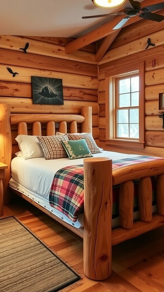 A rustic log bed frame in a cabin-style bedroom with wooden walls and a warm ambiance.